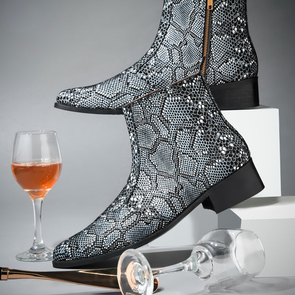 RNK Luxe Medusa Rex boots – luxury men’s ankle boots in textured snakeskin leather with pointed toe and Cuban heel
