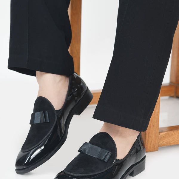 The Tuxe - Patent Leather & Suede Fusion Loafer with Grosgrain Bow in Jet Black