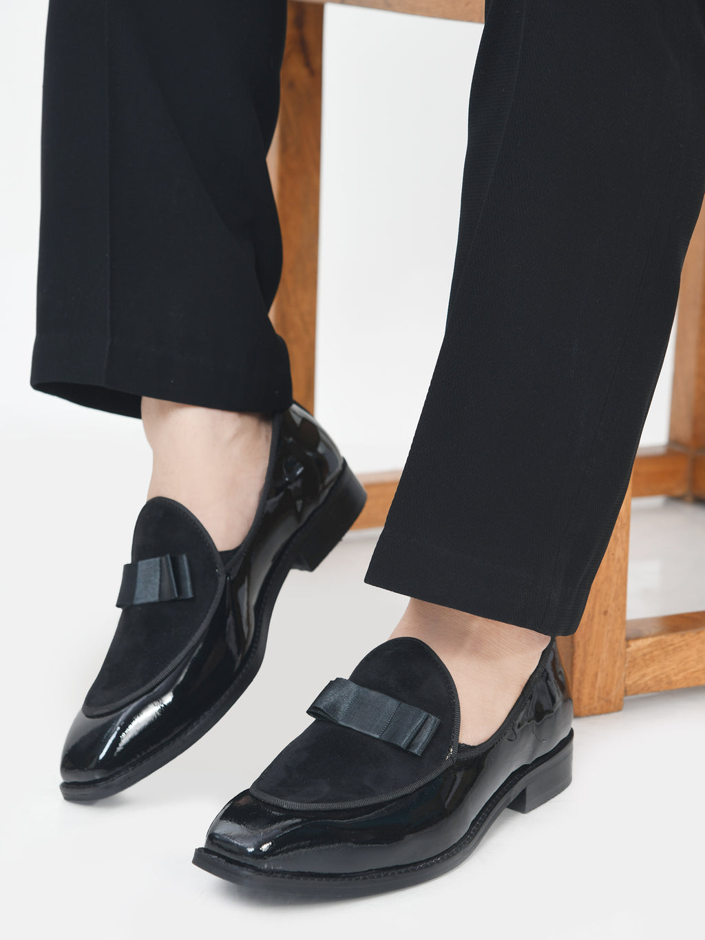 Preview of The Tuxe - Patent Leather & Suede Fusion Loafer with Grosgrain Bow in Jet Black