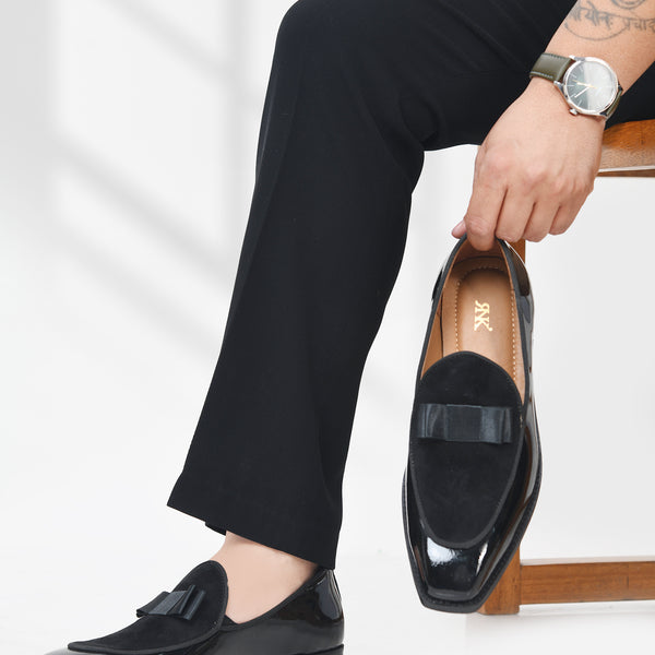 The Tuxe - Patent Leather & Suede Fusion Loafer with Grosgrain Bow in Jet Black