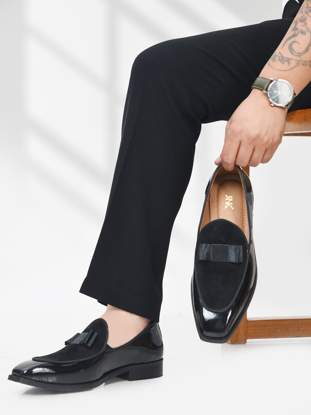 Preview of The Tuxe - Patent Leather & Suede Fusion Loafer with Grosgrain Bow in Jet Black