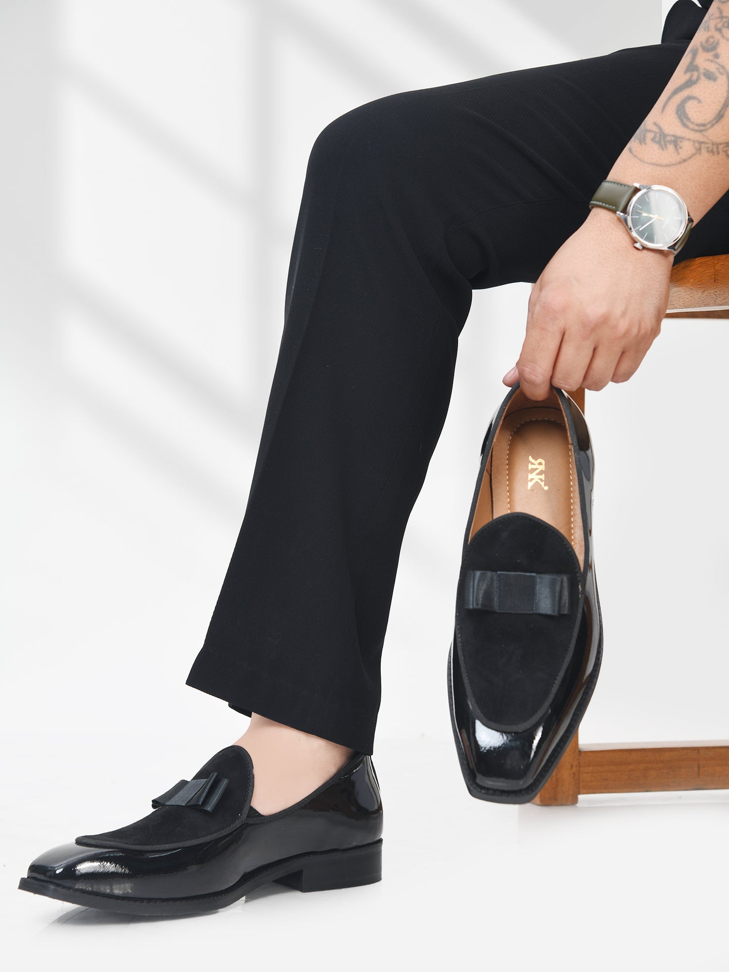 The Tuxe - Patent Leather & Suede Fusion Loafer with Grosgrain Bow in Jet Black