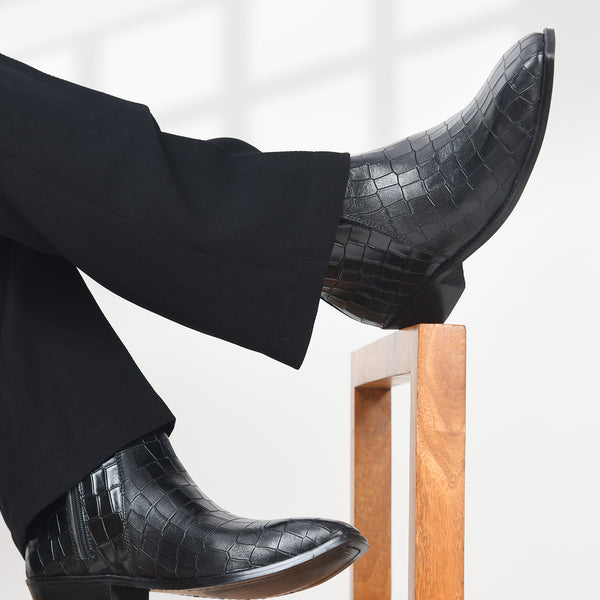 Crocodile Patterned Black Leather Boots for Men