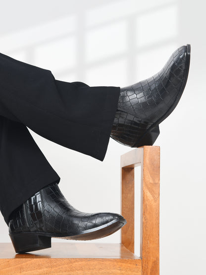Crocodile Patterned Black Leather Boots for Men
