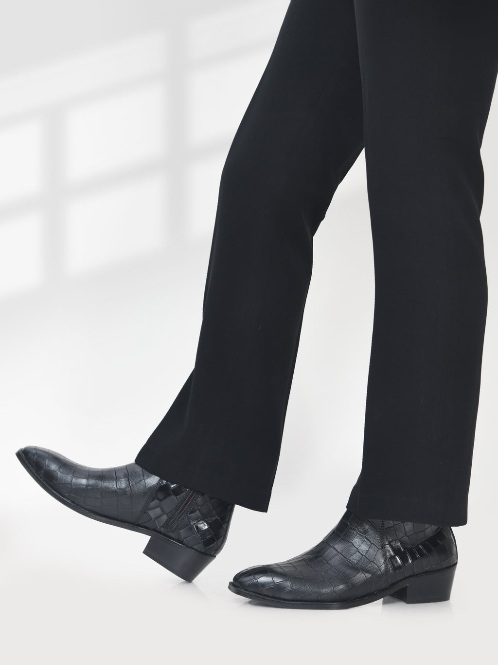 Preview of Crocodile Patterned Black Leather Boots for Men