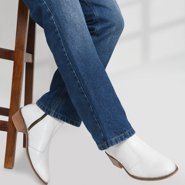 White Leather Cuban Heel Boots
