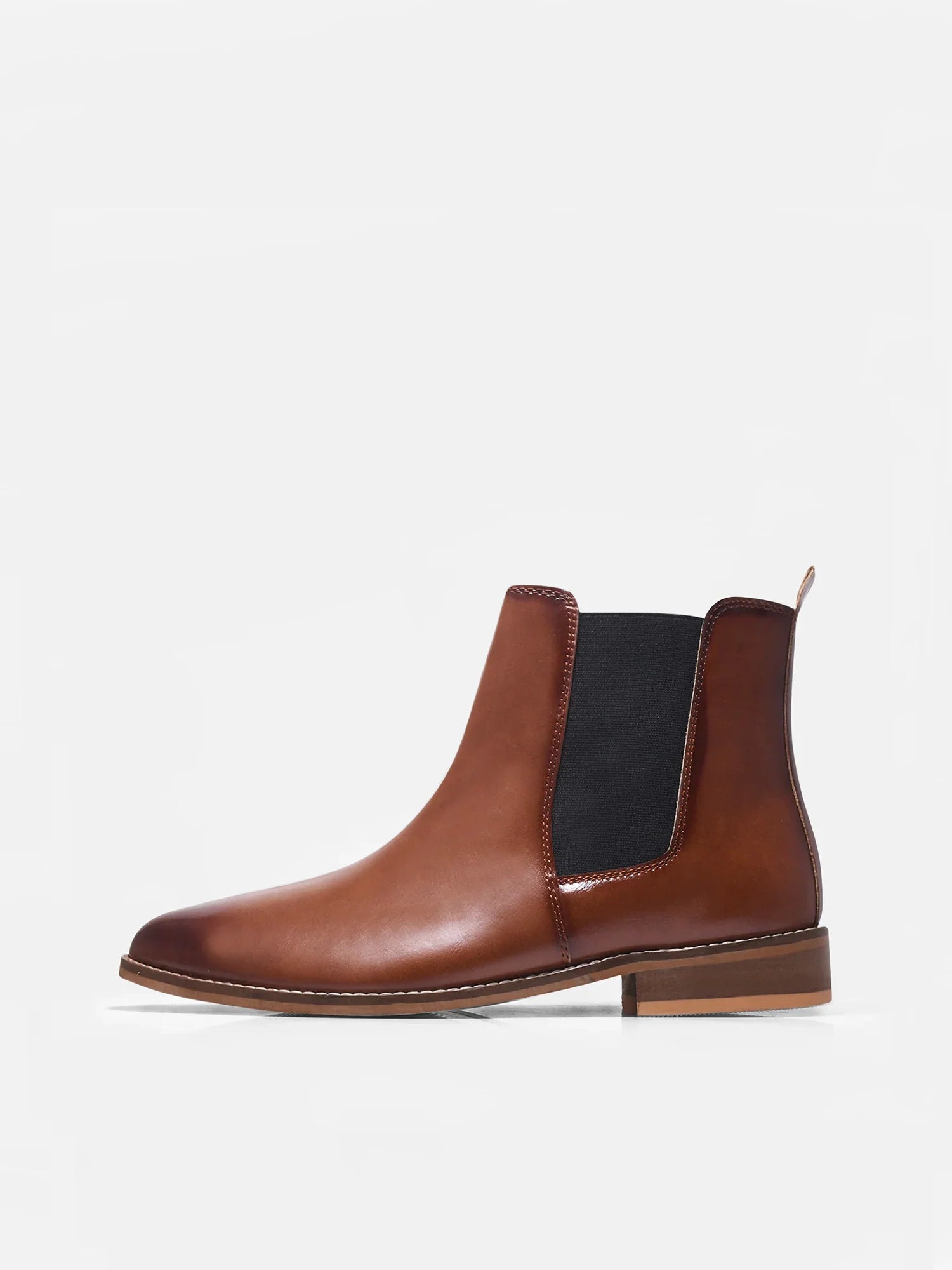 Brown leather Chelsea boot with a black elastic side and mid heel
