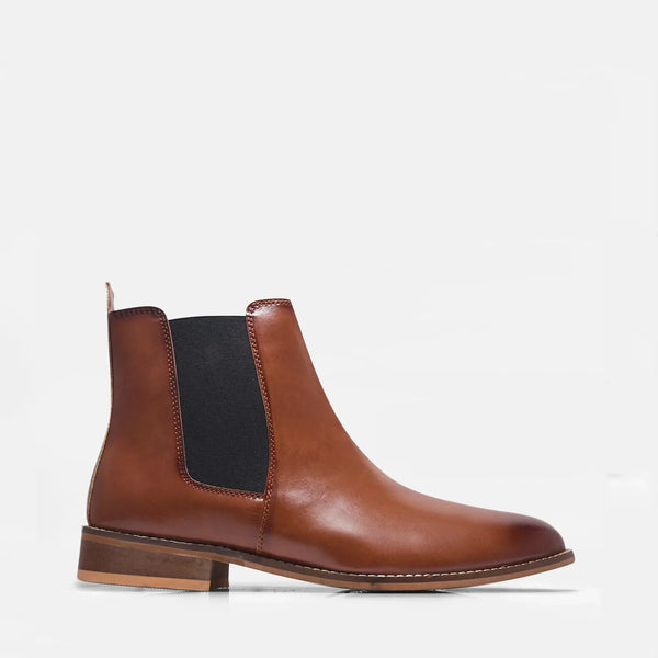 Brown leather Chelsea boot with side elastic and mid heel