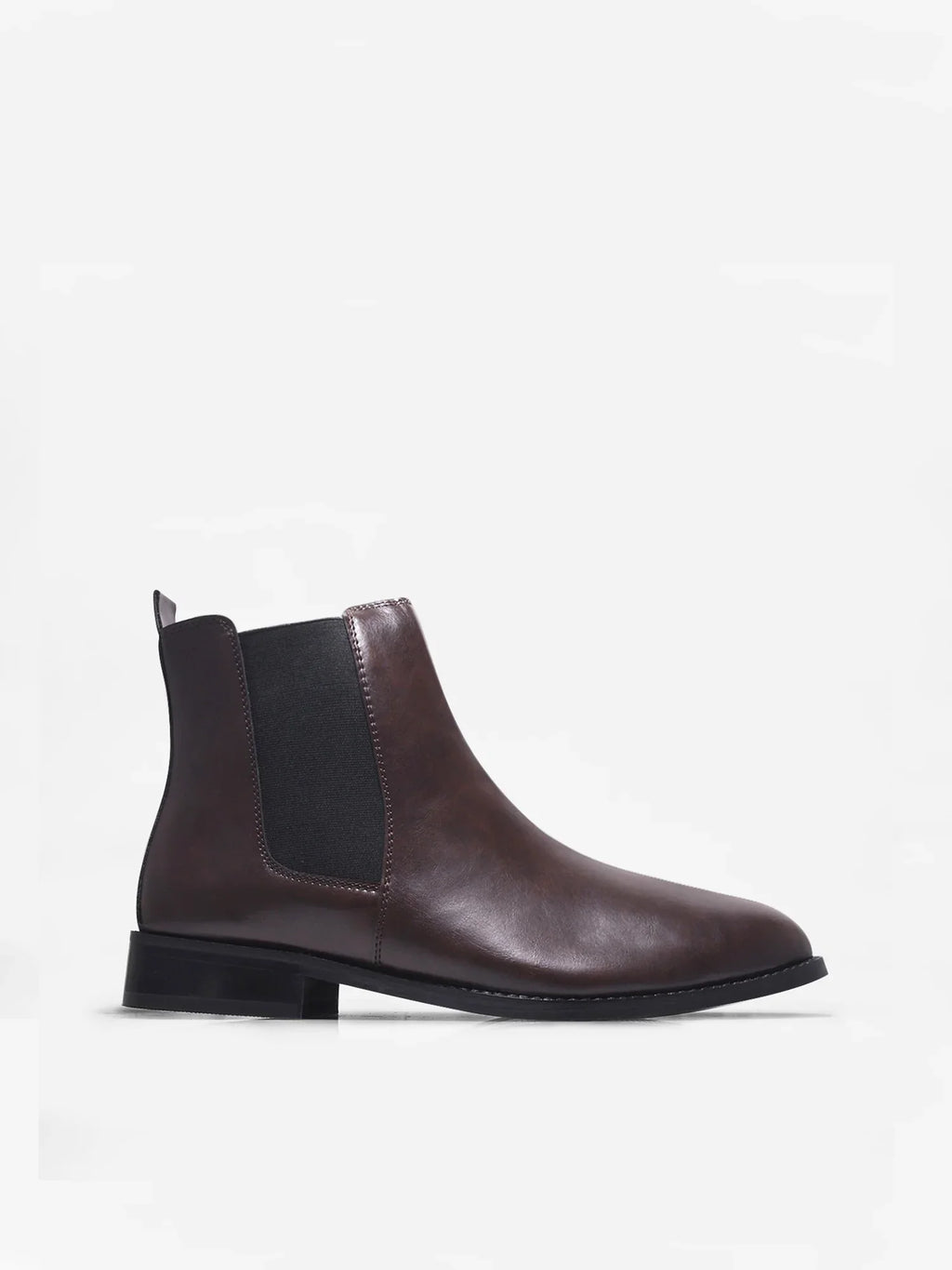 Preview of Brown leather Chelsea boot with side elastic and mid heel on a white background
