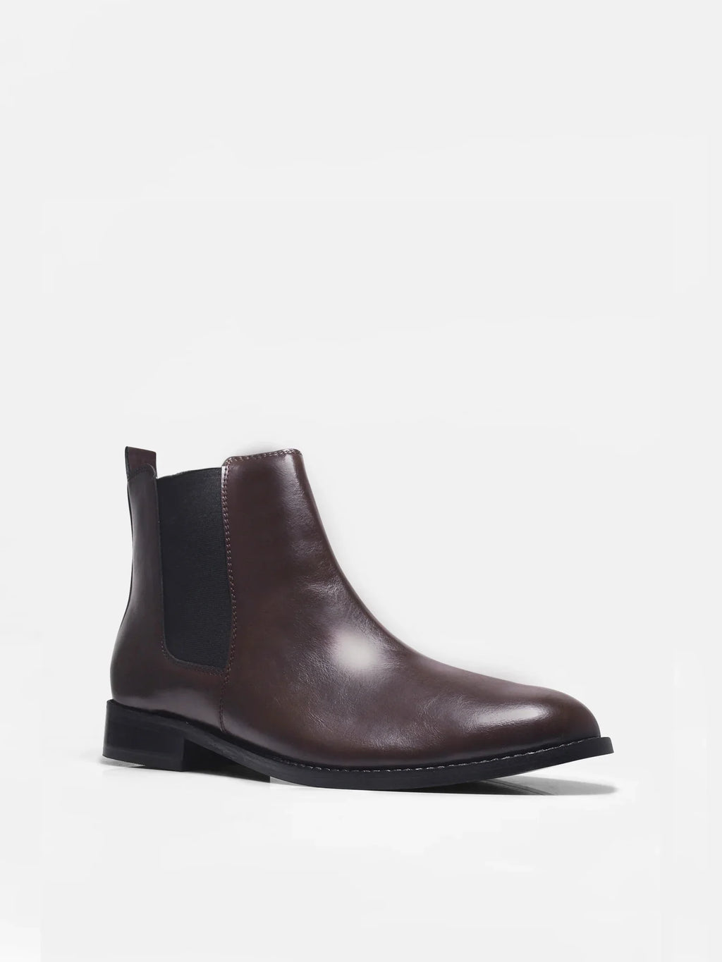 Preview of Brown leather Chelsea boot with side elastic and mid heel on a white background