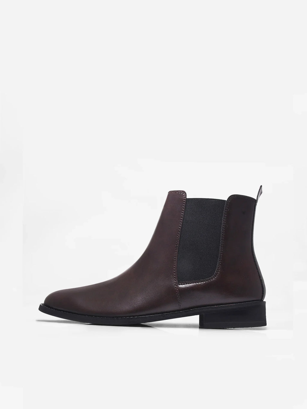 Preview of Brown leather Chelsea boot with side elastic and mid heel on a white background