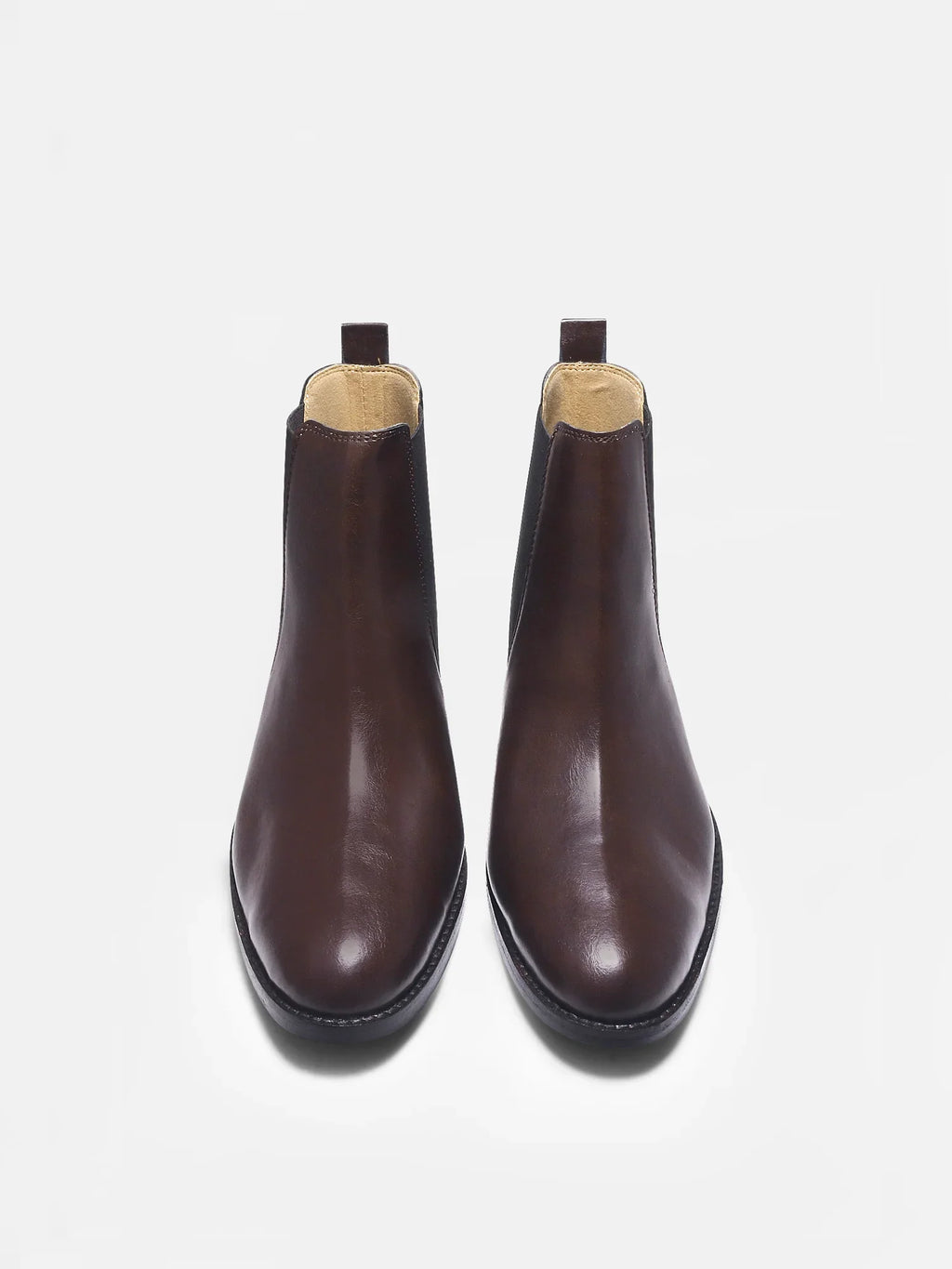 Preview of Brown leather Chelsea boot with side elastic and mid heel on a white background