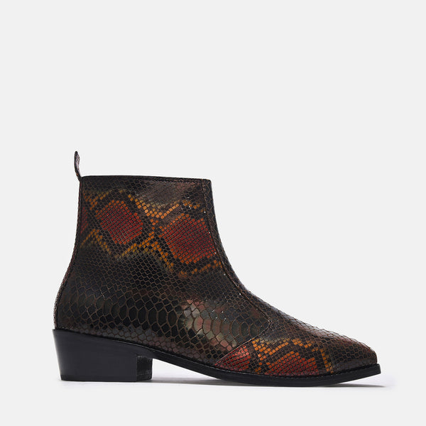 A men's leather boot with a snake-textured boot, featuring a Cuban heel and a side zipper.