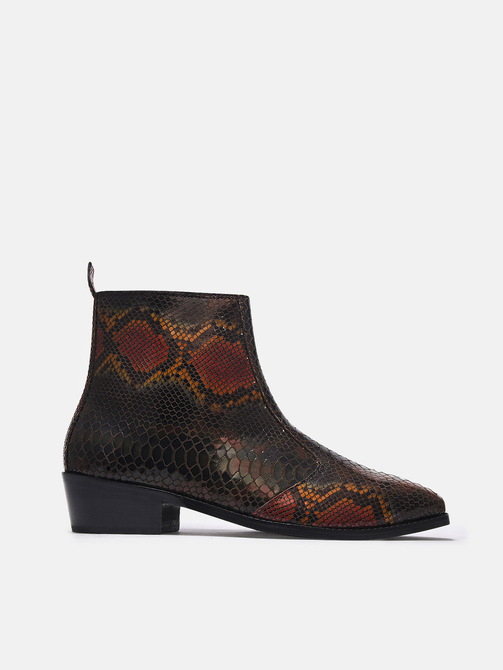 Preview of A men's leather boot with a snake-textured boot, featuring a Cuban heel and a side zipper.