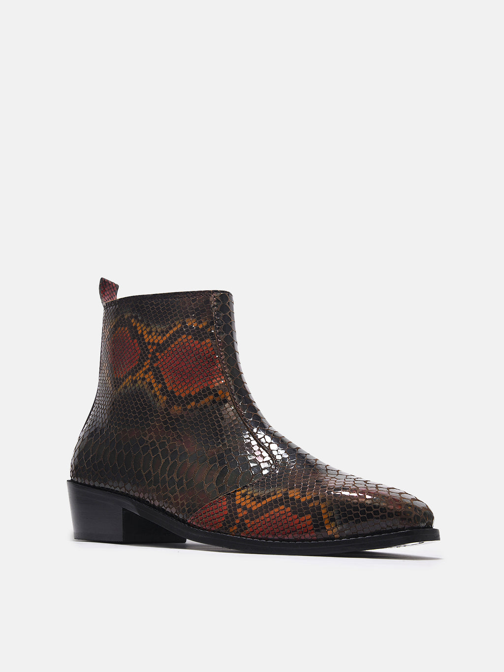 Preview of A men's leather boot with a snake-textured boot, featuring a Cuban heel and a side zipper.