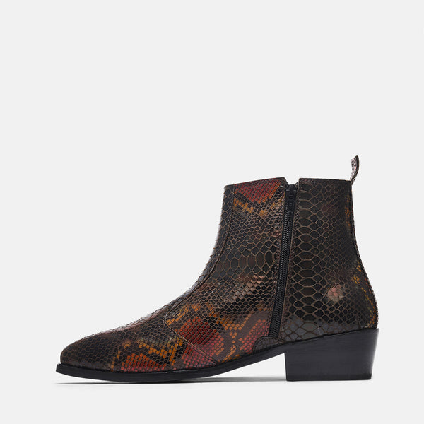 A men's leather boot with a snake-textured boot, featuring a Cuban heel and a side zipper.
