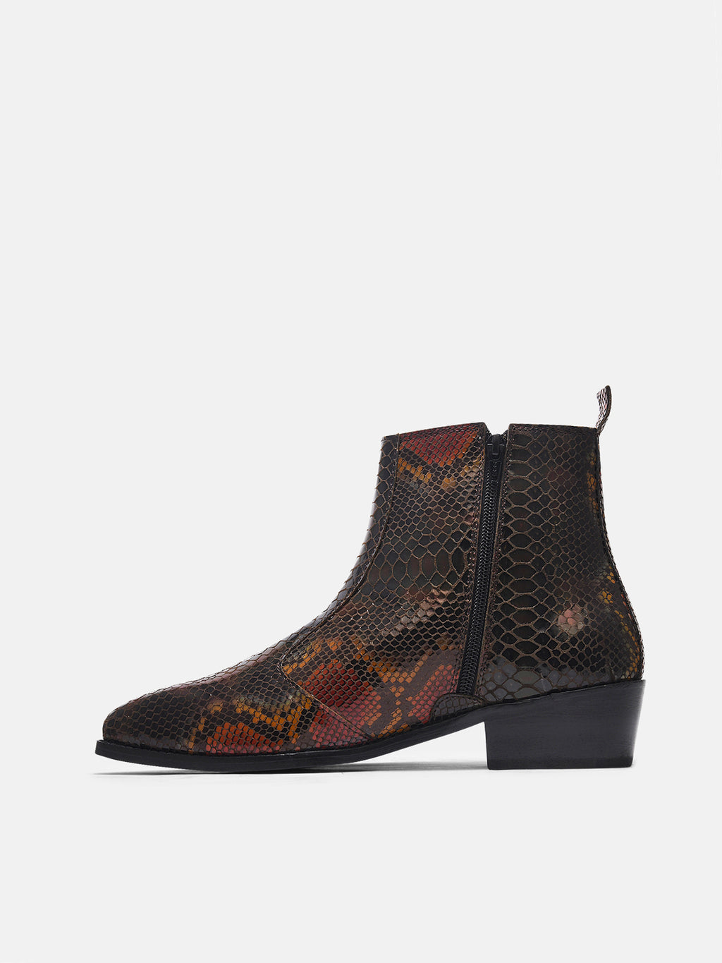 Preview of A men's leather boot with a snake-textured boot, featuring a Cuban heel and a side zipper.