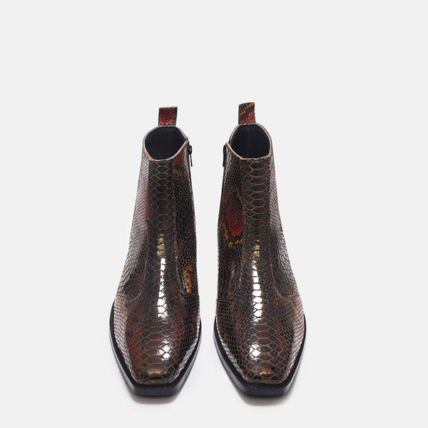 A men's leather boot with a snake-textured boot, featuring a Cuban heel and a side zipper.
