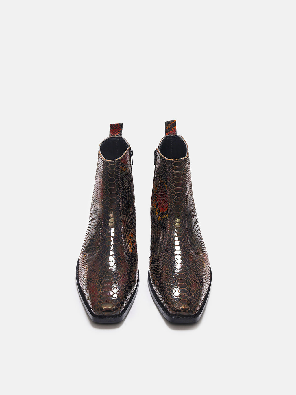Preview of A men's leather boot with a snake-textured boot, featuring a Cuban heel and a side zipper.