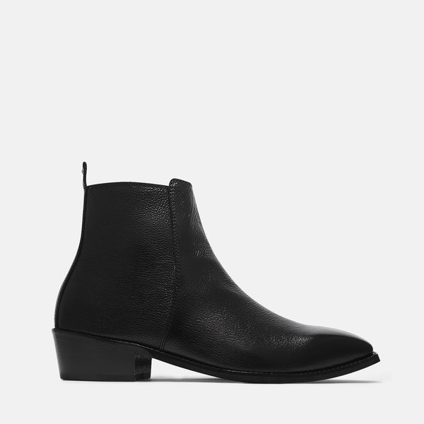 A men's leather side zip boot with a cuban heel, primarily black in color.