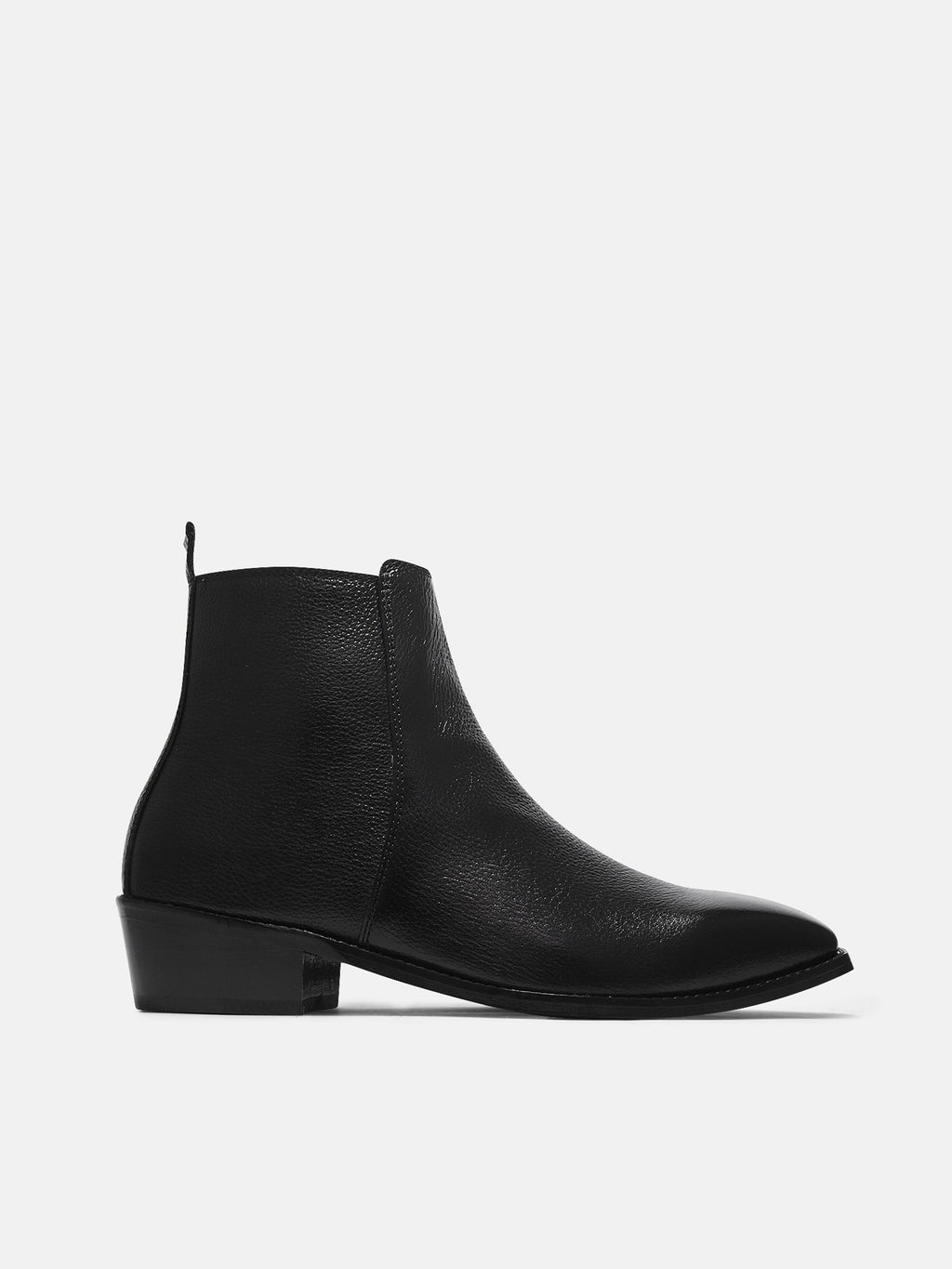 Preview of A men's leather side zip boot with a cuban heel, primarily black in color.