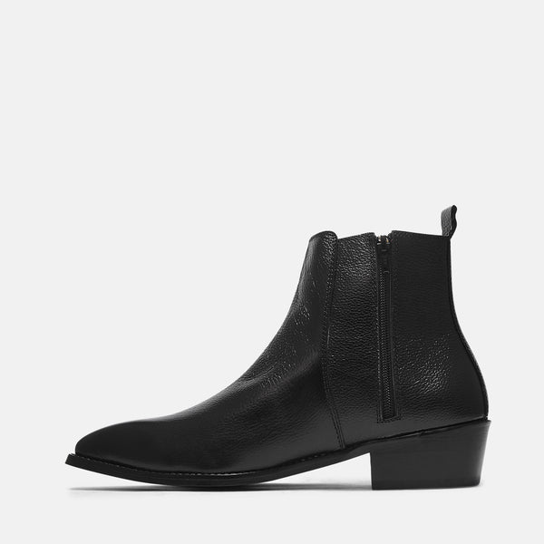 A men's leather side zip boot with a cuban heel, primarily black in color.