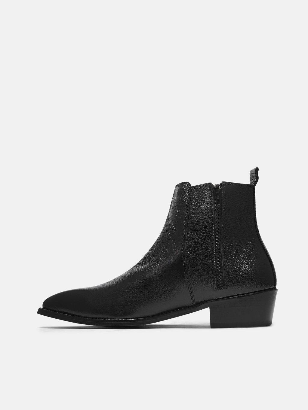 Preview of A men's leather side zip boot with a cuban heel, primarily black in color.