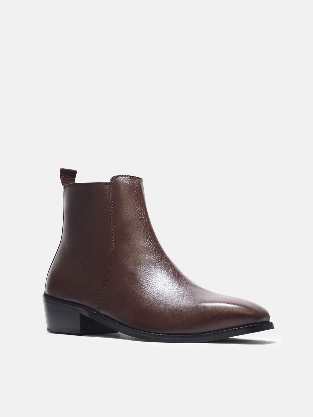 Preview of A brown, side zip leather boot with a cuban heel for men.