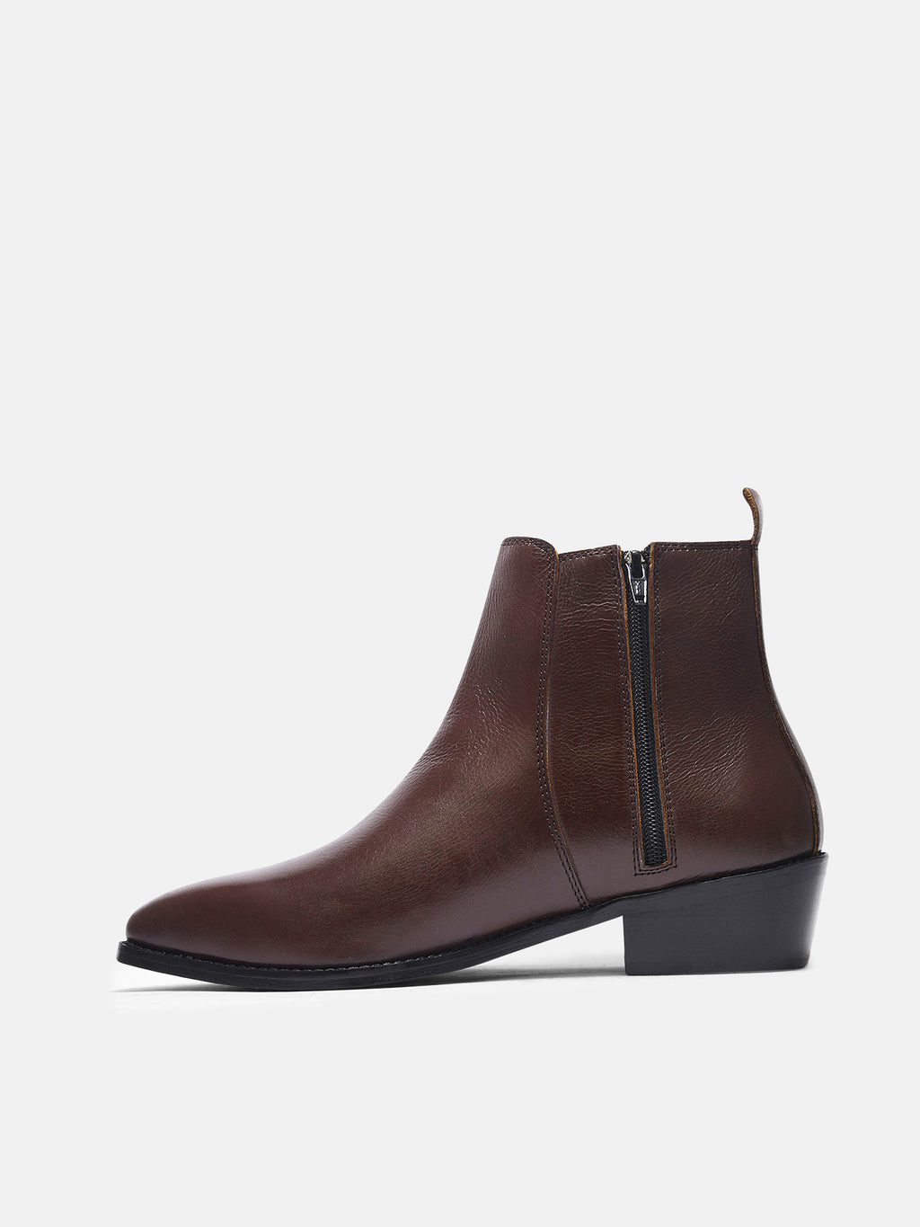 Preview of A brown, side zip leather boot with a cuban heel for men.