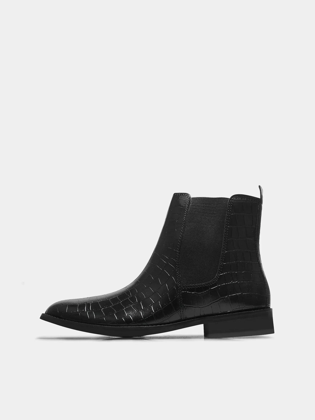 Preview of Black colour croco pattern boot with side elastic and mid heel