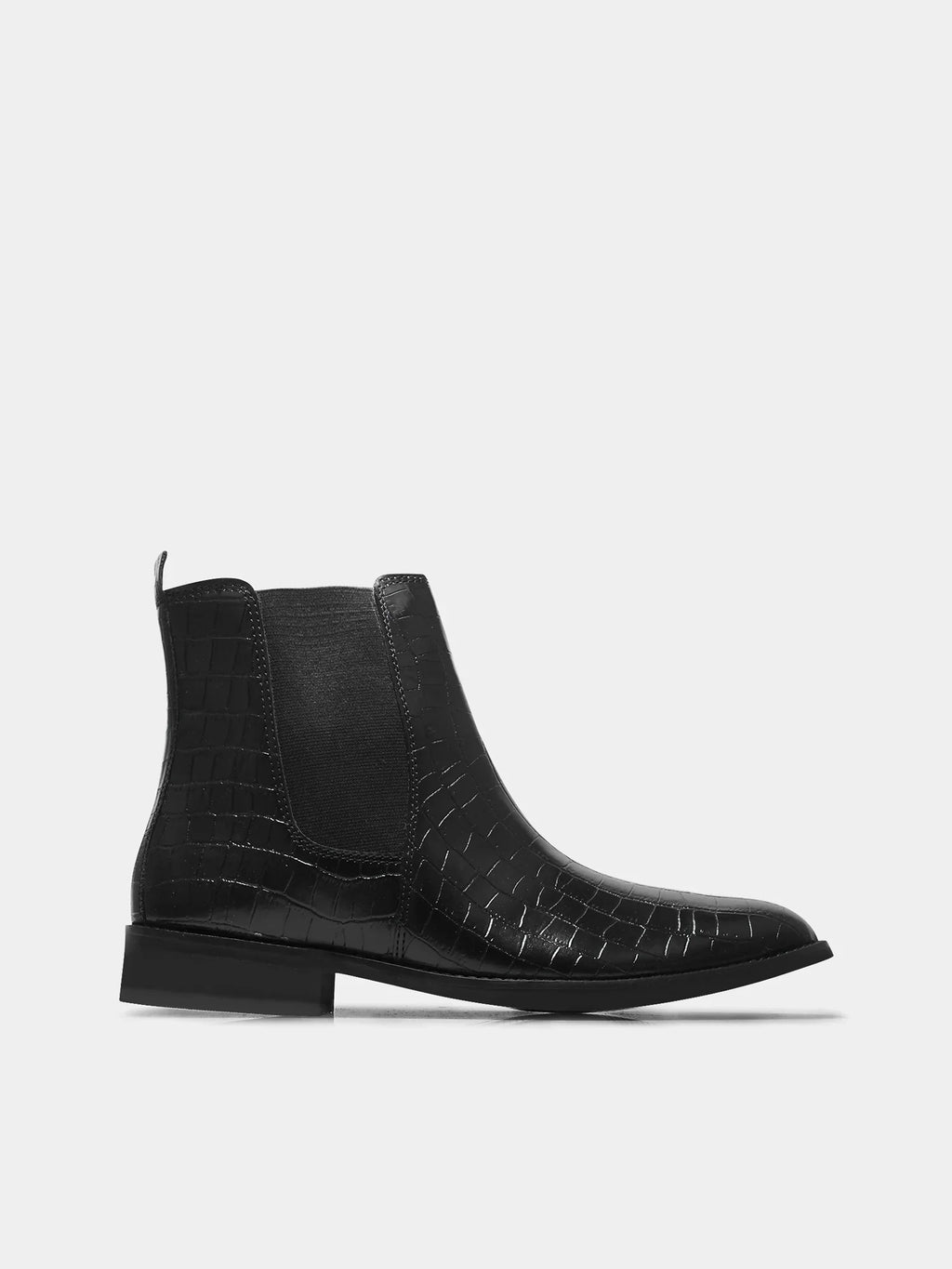 Preview of Black colour croco pattern boot with side elastic and mid heel