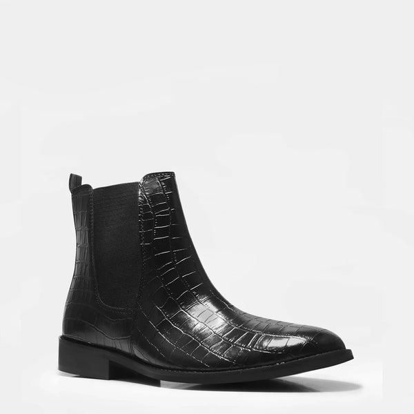 Black colour croco pattern boot with side elastic and mid heel