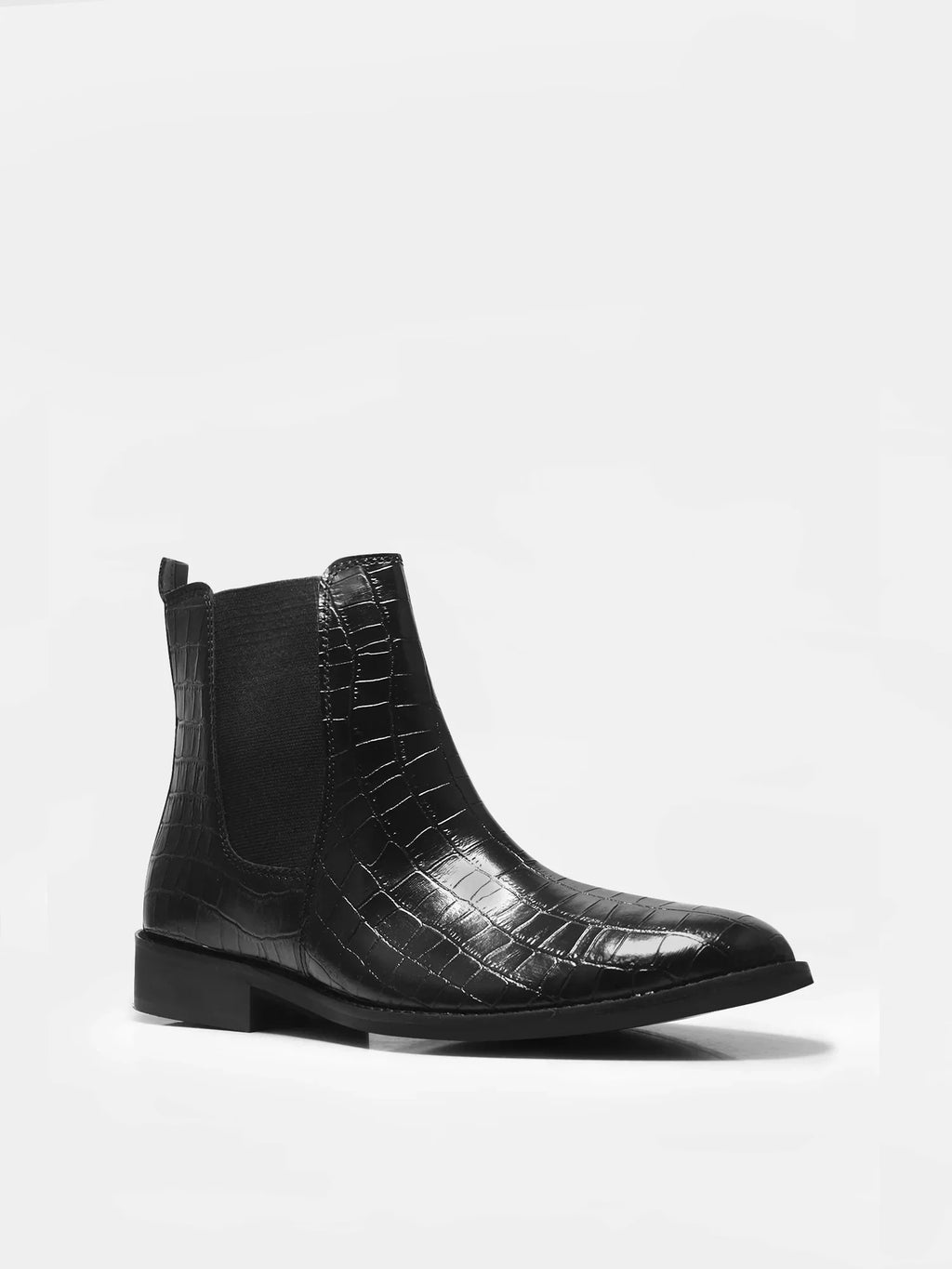 Preview of Black colour croco pattern boot with side elastic and mid heel