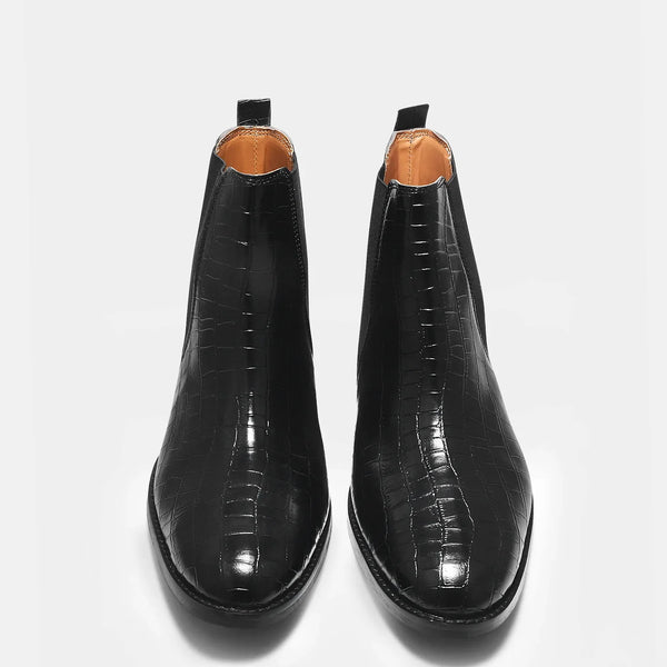 Black colour croco pattern boot with side elastic and mid heel