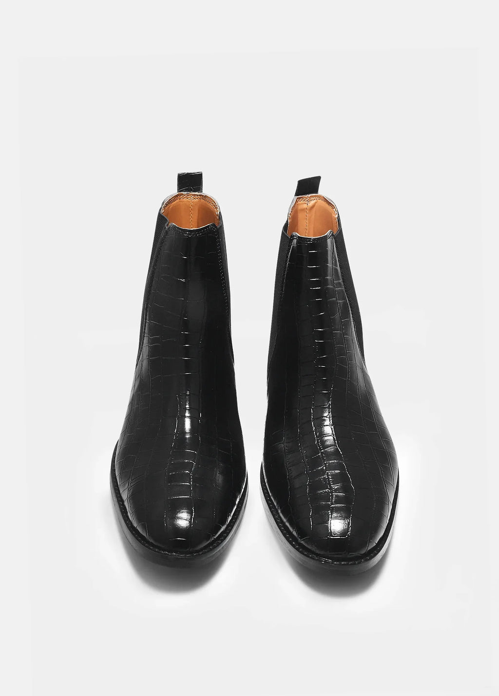 Preview of Black colour croco pattern boot with side elastic and mid heel