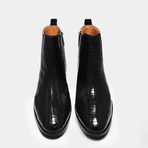 Black colour croco pattern leather boot with side zip and mid heel