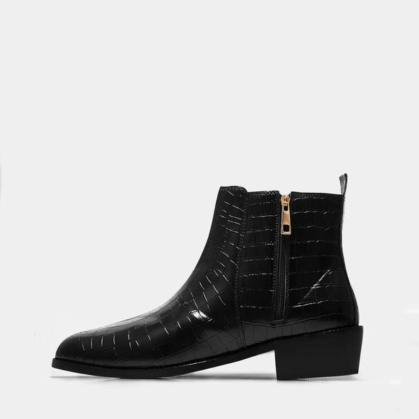 Black colour croco pattern leather boot with side zip and mid heel