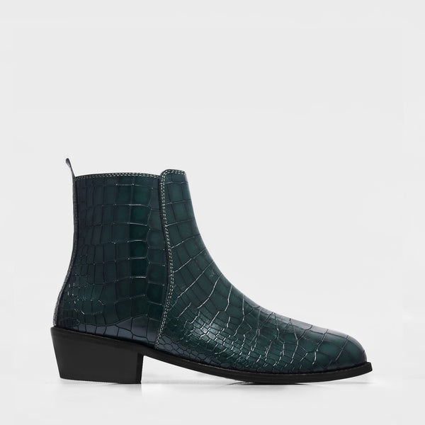Green colour croco pattern leather boot with side zip and mid heel