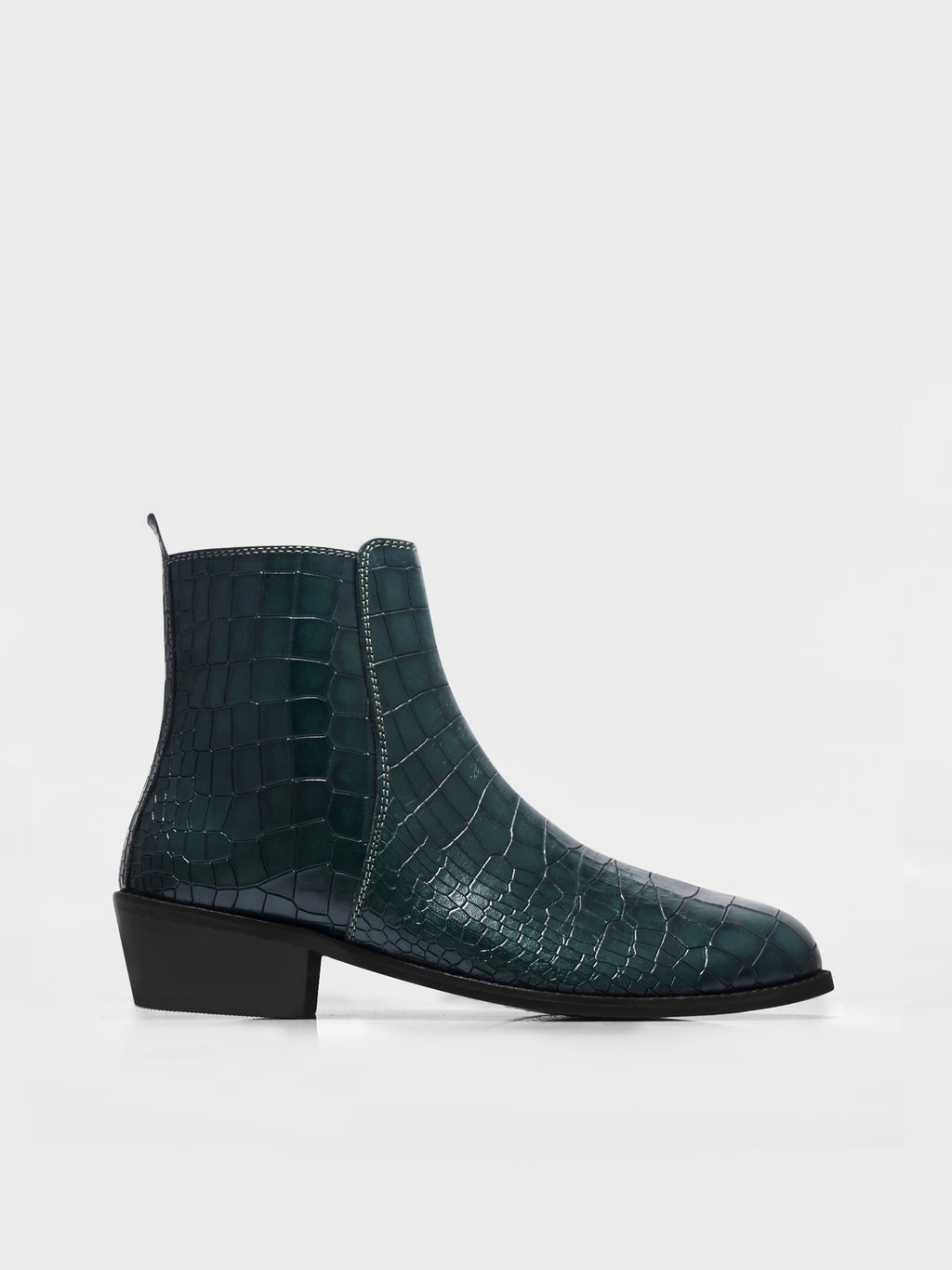 Preview of Green colour croco pattern leather boot with side zip and mid heel