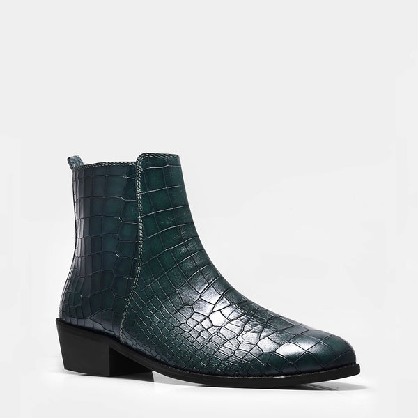 Green colour croco pattern leather boot with side zip and mid heel