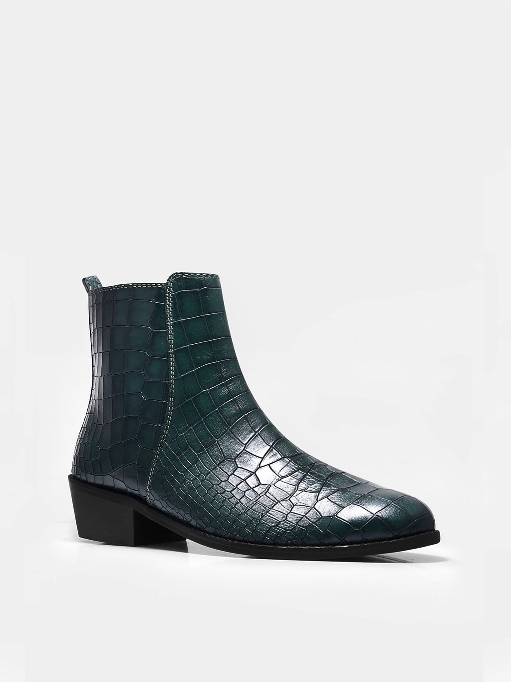 Preview of Green colour croco pattern leather boot with side zip and mid heel