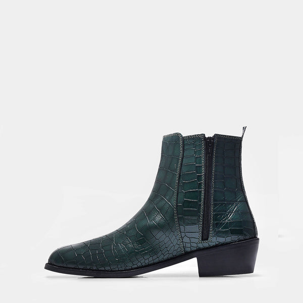 Green colour croco pattern leather boot with side zip and mid heel