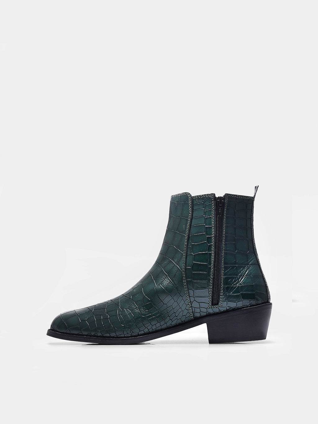 Preview of Green colour croco pattern leather boot with side zip and mid heel