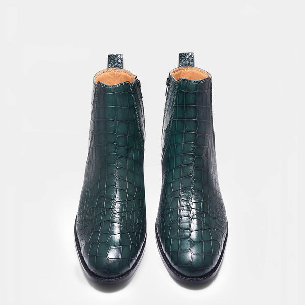 Green colour crocodile textured leather boots with side zip on a Cuban heel