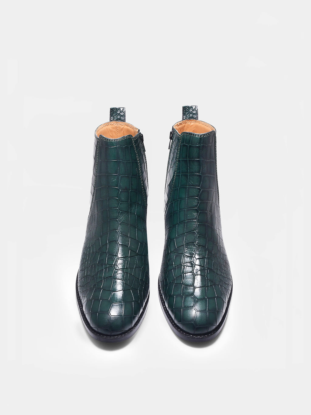 Preview of Green colour crocodile textured leather boots with side zip on a Cuban heel
