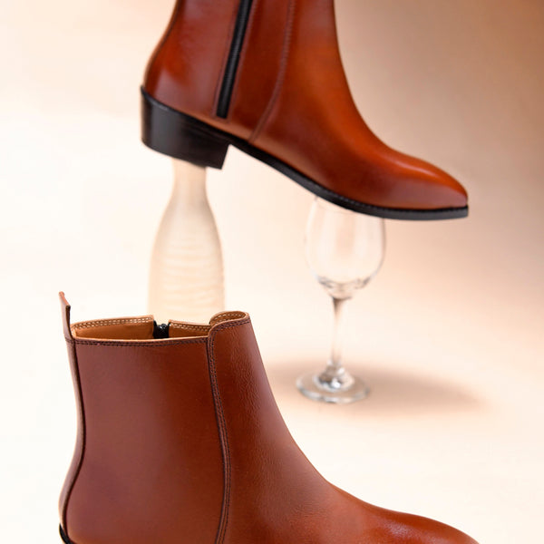 Tan Throne - Men's Side Zip Leather Boots (Cuban Heel)