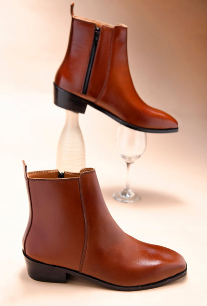 Tan Throne - Men's Side Zip Leather Boots (Cuban Heel)