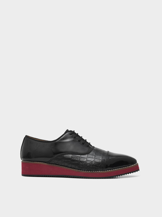 The Redline - Oxford Hybrid in Black Patent & Croc Textured Leather with Red Sole