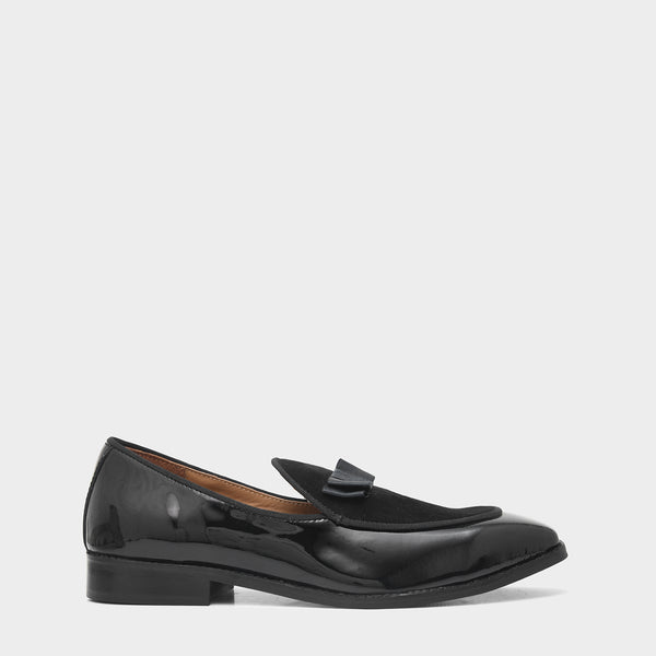 The Tuxe - Patent Leather & Suede Fusion Loafer with Grosgrain Bow in Jet Black