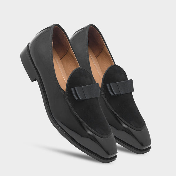 The Tuxe - Patent Leather & Suede Fusion Loafer with Grosgrain Bow in Jet Black